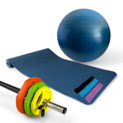 Pack de material fitness que incluye fitball, esterilla, set pump y bandas elásticas.