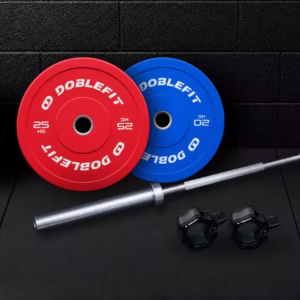 Pack Barra Olímpica 15 kg + Discos Bumper + Cierre Doblefit Color