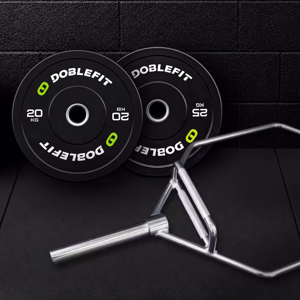 Pack barra hexagonal + Discos Bumper + Pinza Doblefit Black